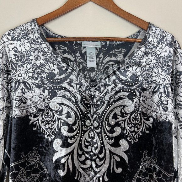 Catherines Tunic Top Womens 0X Gray Velvet Studded Floral 3/4 Sleeve Blouse - Picture 2 of 8